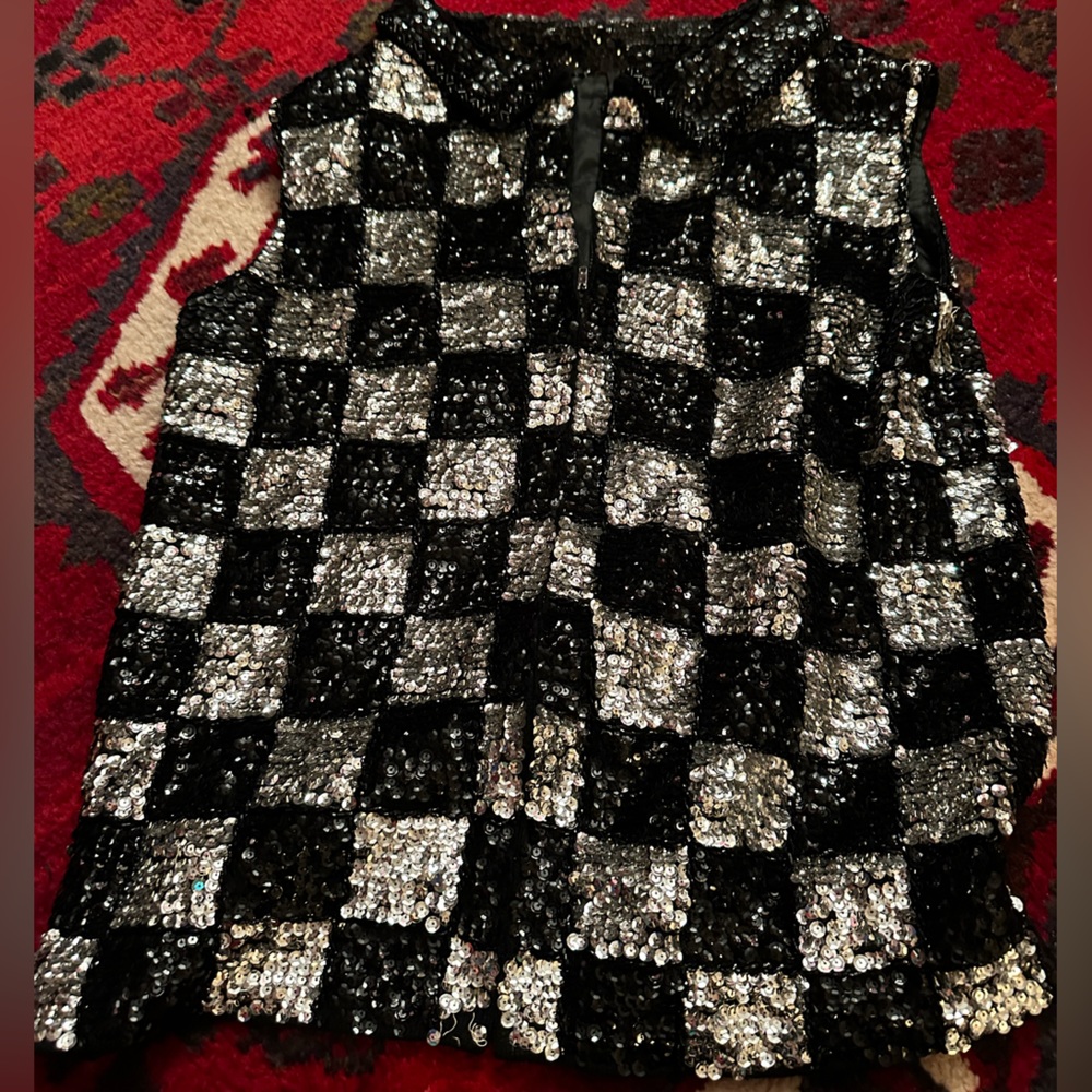 Vintage bead and sequin top, black and silver checkered pattern, sleeveless.